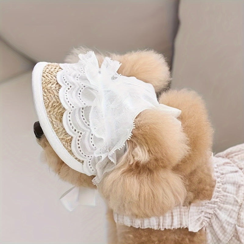 Pet Bow Lace Straw Hat