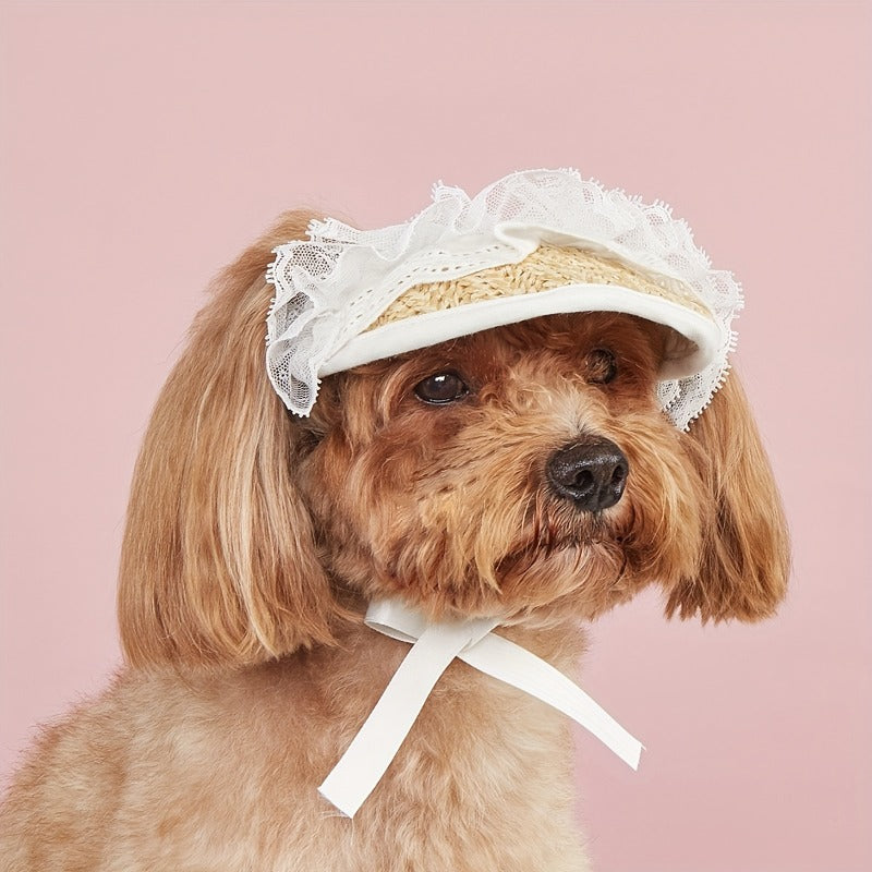 Pet Bow Lace Straw Hat