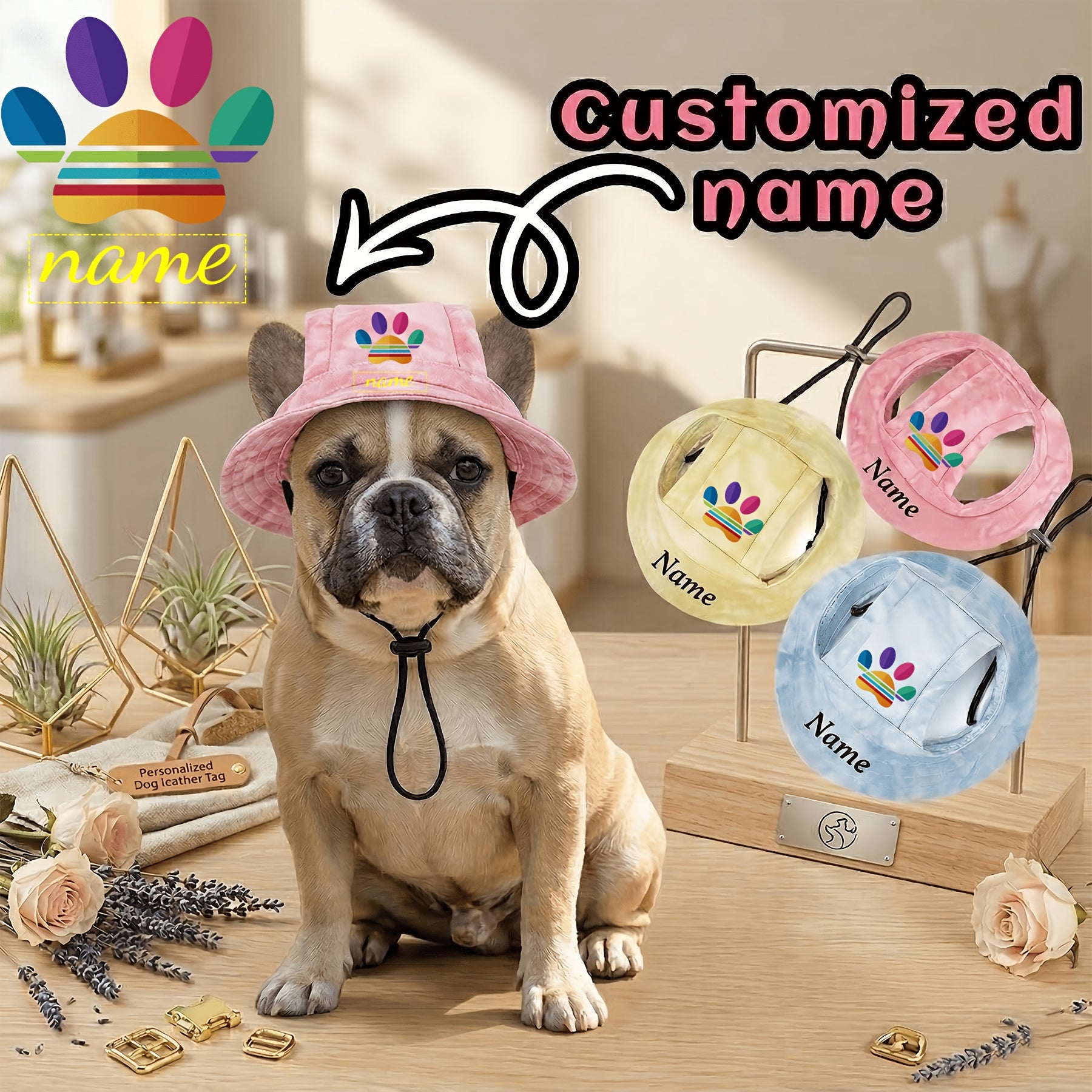 Exclusive Adidas-style Colorful Paw Print LOGO Plus Name Printing for Pets, Universal Sun Protection Hats for Cats and Dogs, Pet Gifts Available in Multiple Colors. Suitable for Both Cats and Dogs, These Hats Provide Sun Shading and Protec