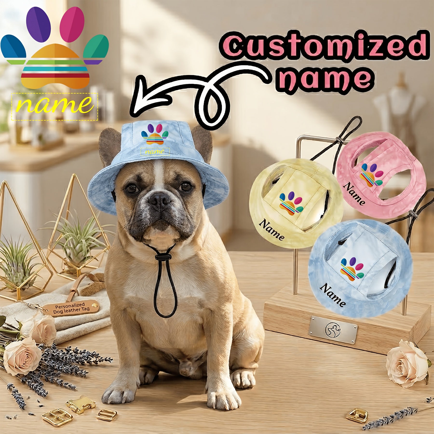 Exclusive Adidas-style Colorful Paw Print LOGO Plus Name Printing for Pets, Universal Sun Protection Hats for Cats and Dogs, Pet Gifts Available in Multiple Colors. Suitable for Both Cats and Dogs, These Hats Provide Sun Shading and Protec