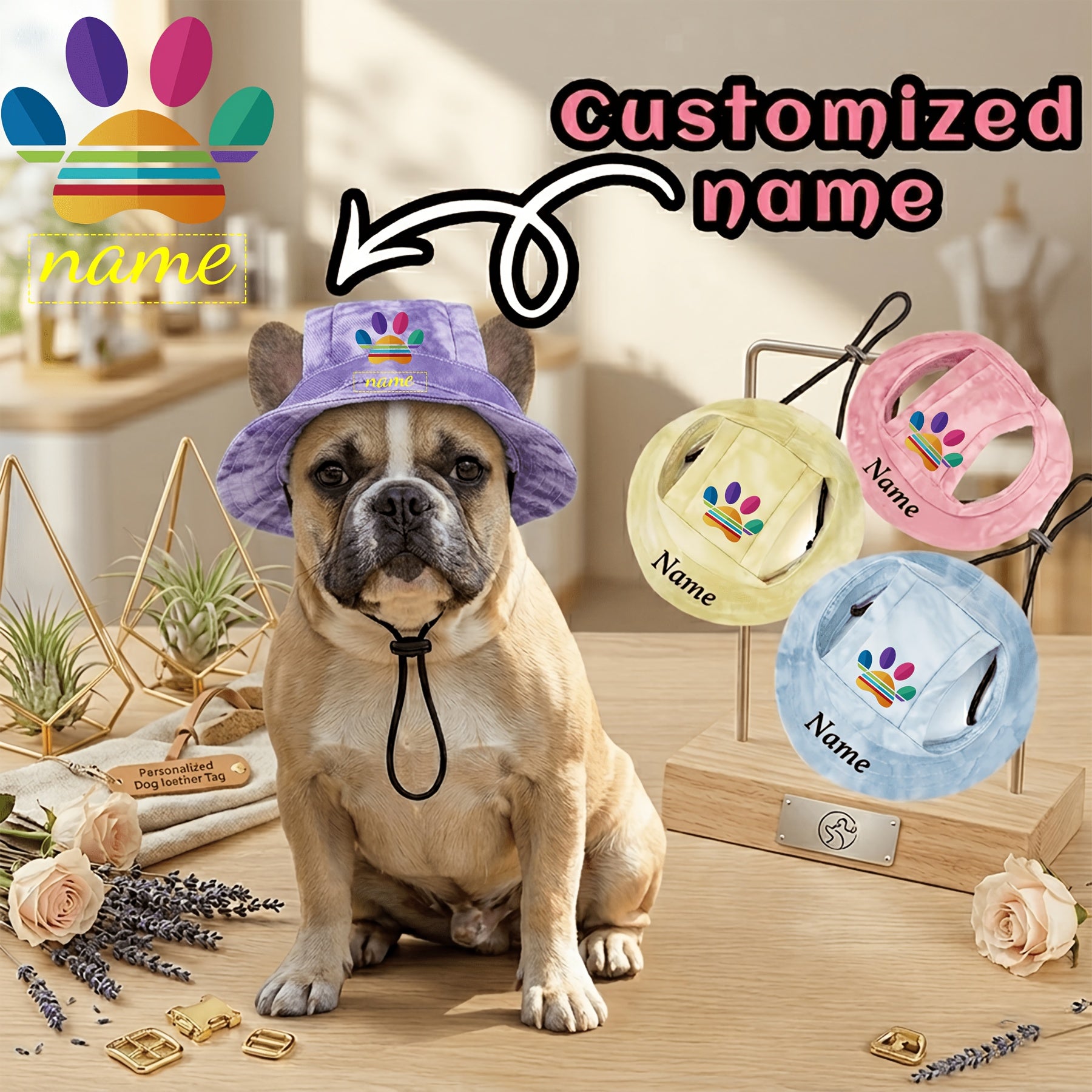 Exclusive Adidas-style Colorful Paw Print LOGO Plus Name Printing for Pets, Universal Sun Protection Hats for Cats and Dogs, Pet Gifts Available in Multiple Colors. Suitable for Both Cats and Dogs, These Hats Provide Sun Shading and Protec